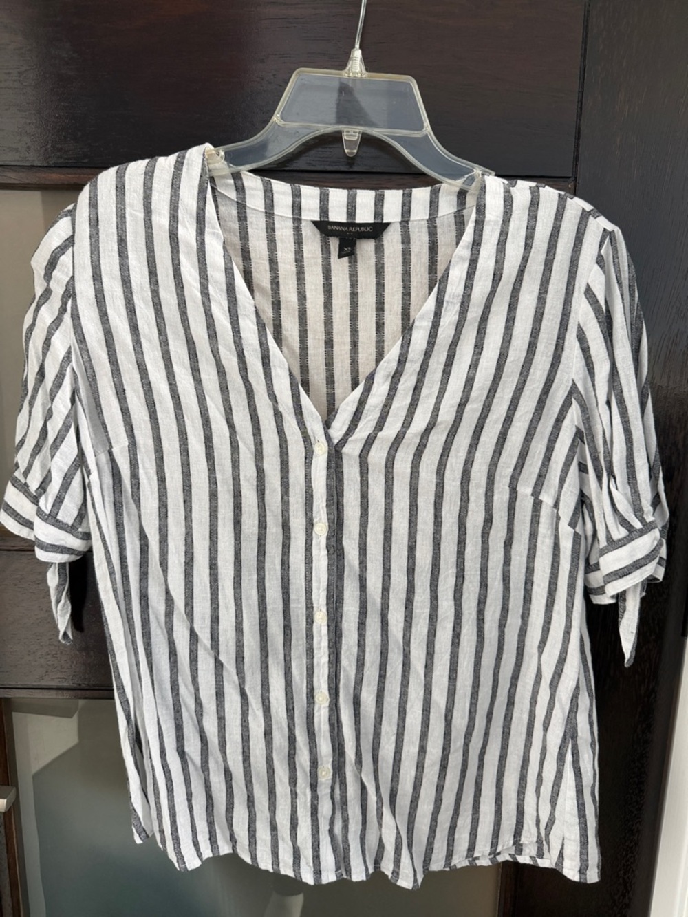 Banana Republic White and Black Vertical Stripe Short-Sleeve Button Shirt